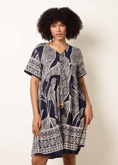Blue Vanilla Navy Dress With Tropical Leaf Print