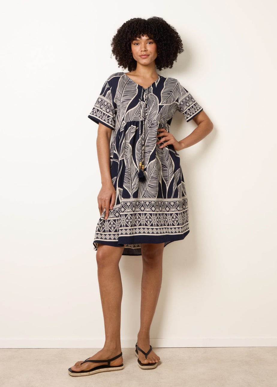 Blue Vanilla Navy Dress With Tropical Leaf Print