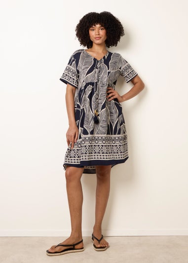 Blue Vanilla Navy Dress With Tropical Leaf Print