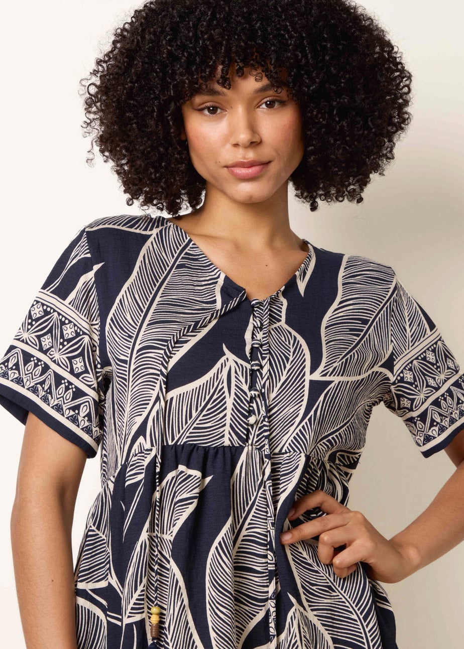 Blue Vanilla Navy Dress With Tropical Leaf Print