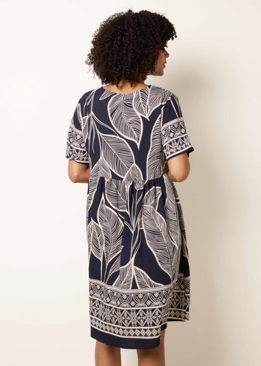 Blue Vanilla Navy Dress With Tropical Leaf Print