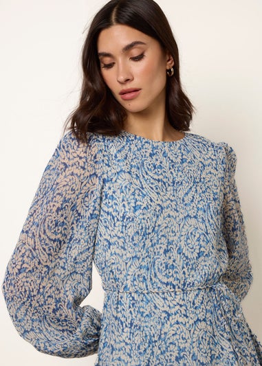 Blue Vanilla Blue Puff Sleeve Godet Dress With Self Tie