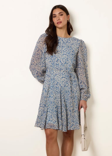 Blue Vanilla Blue Puff Sleeve Godet Dress With Self Tie