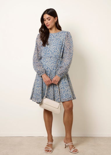 Blue Vanilla Blue Puff Sleeve Godet Dress With Self Tie