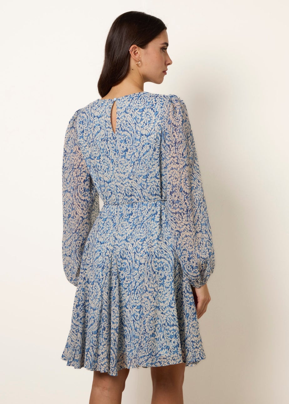 Blue Vanilla Blue Puff Sleeve Godet Dress With Self Tie