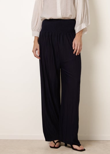 Blue Vanilla Navy Shirred Waist Pleated Wide Leg Trousers