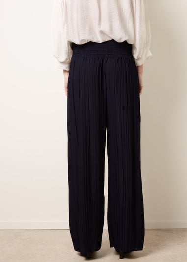 Blue Vanilla Navy Shirred Waist Pleated Wide Leg Trousers