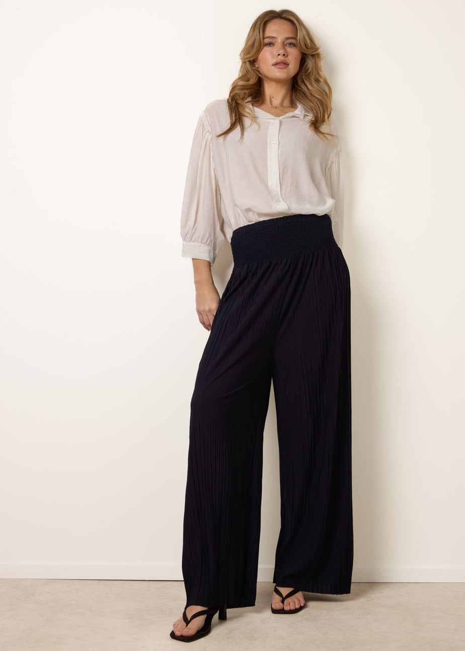 Blue Vanilla Navy Shirred Waist Pleated Wide Leg Trousers