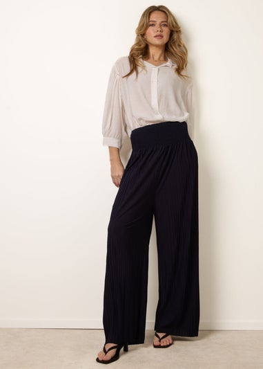 Blue Vanilla Navy Shirred Waist Pleated Wide Leg Trousers