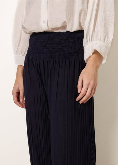 Blue Vanilla Navy Shirred Waist Pleated Wide Leg Trousers