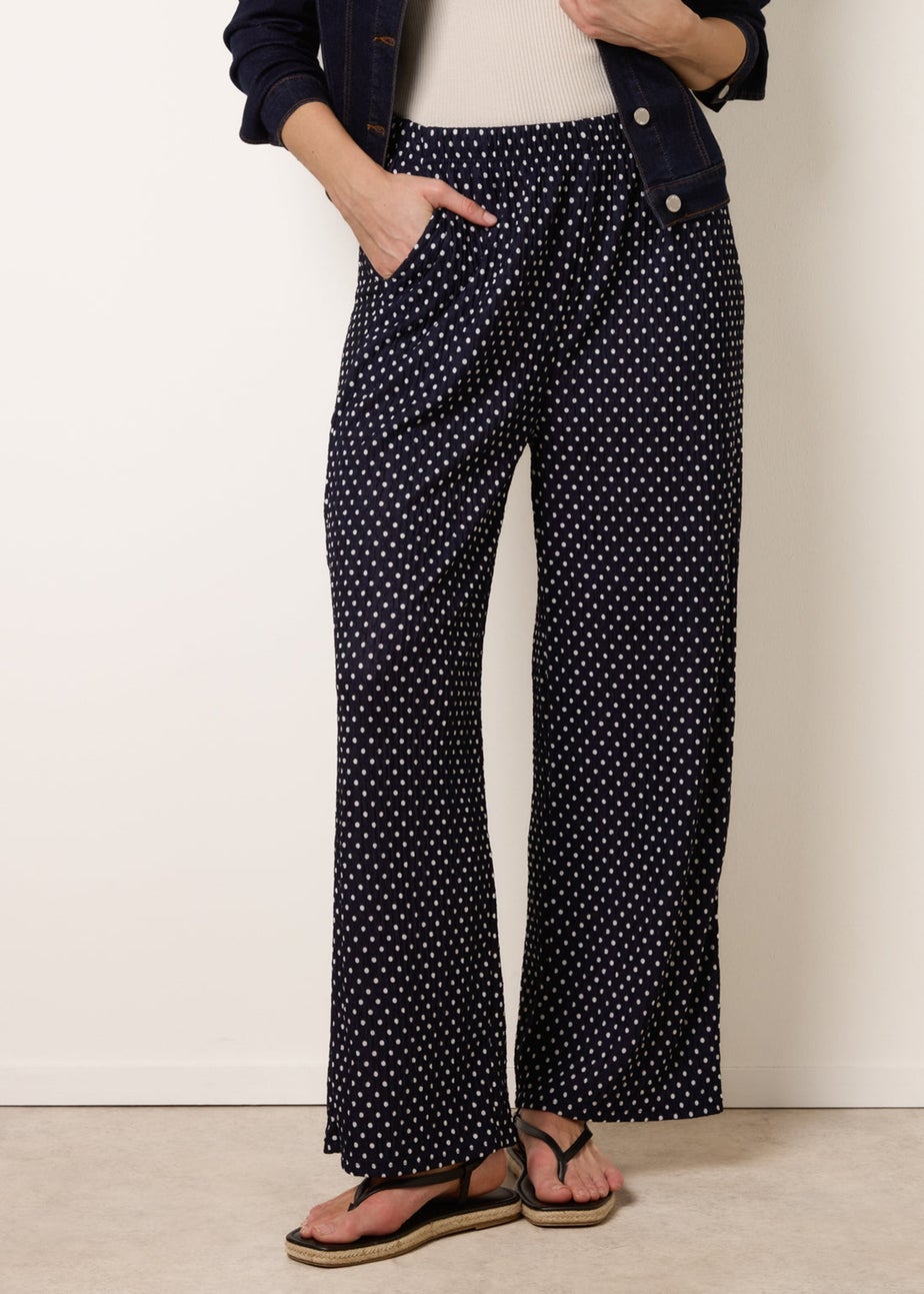 Blue Vanilla Navy Spot Print Crinkle Wide Leg Trousers