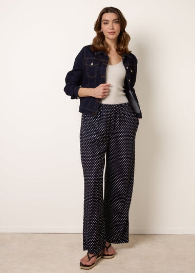 Blue Vanilla Navy Spot Print Crinkle Wide Leg Trousers
