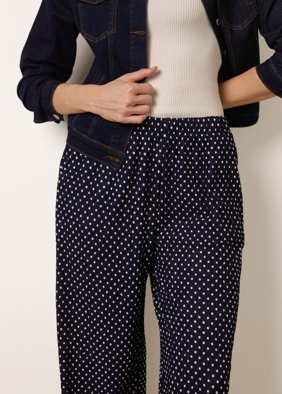 Blue Vanilla Navy Spot Print Crinkle Wide Leg Trousers