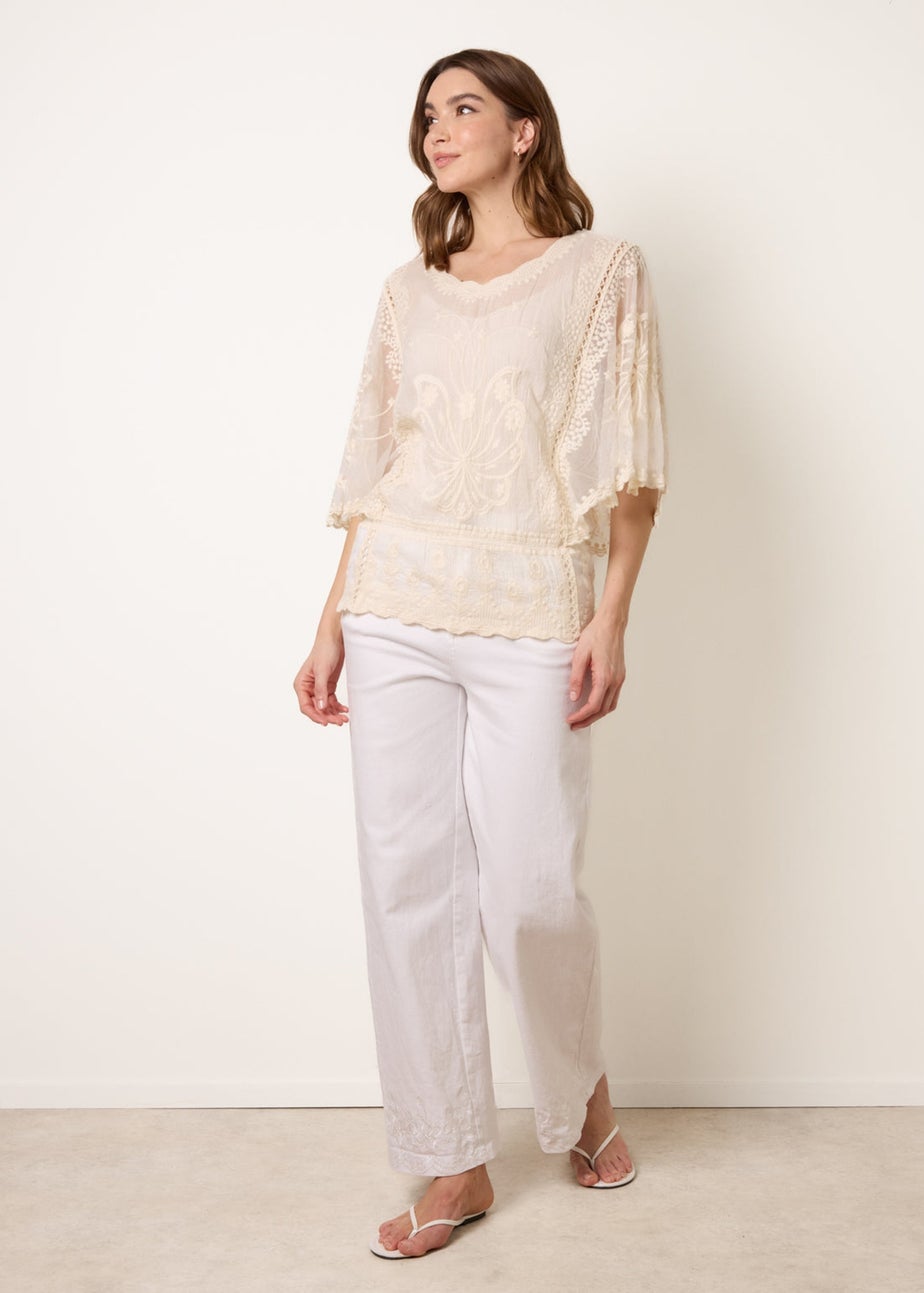 Blue Vanilla Stone Floral Lace Butterfly Sleeve Blouse