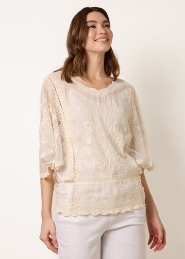 Blue Vanilla Stone Floral Lace Butterfly Sleeve Blouse