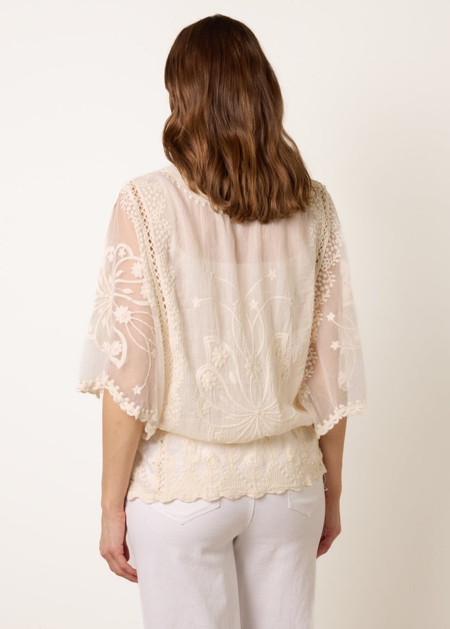 Blue Vanilla Stone Floral Lace Butterfly Sleeve Blouse