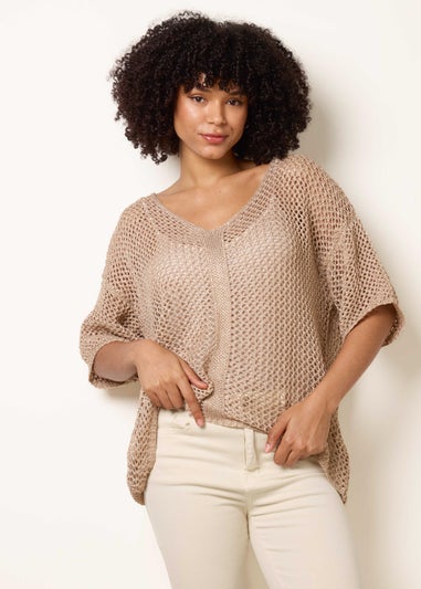 Blue Vanilla Gold Mesh Knitted Top With Short Sleeves