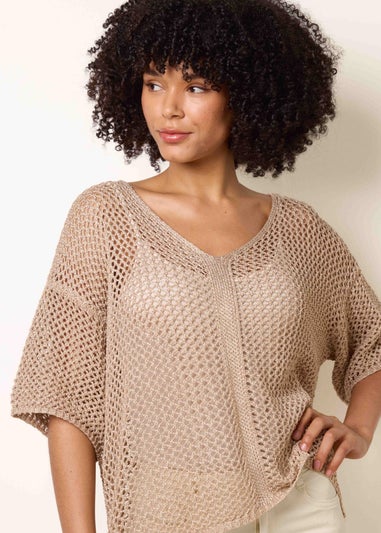 Blue Vanilla Gold Mesh Knitted Top With Short Sleeves