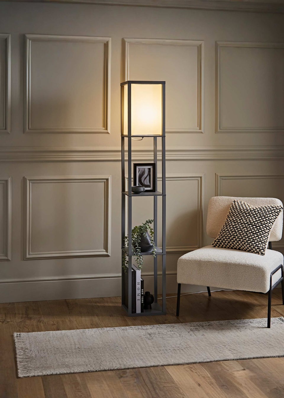 ValueLights Struttura Grey Wooden Shelves Floor Lamp