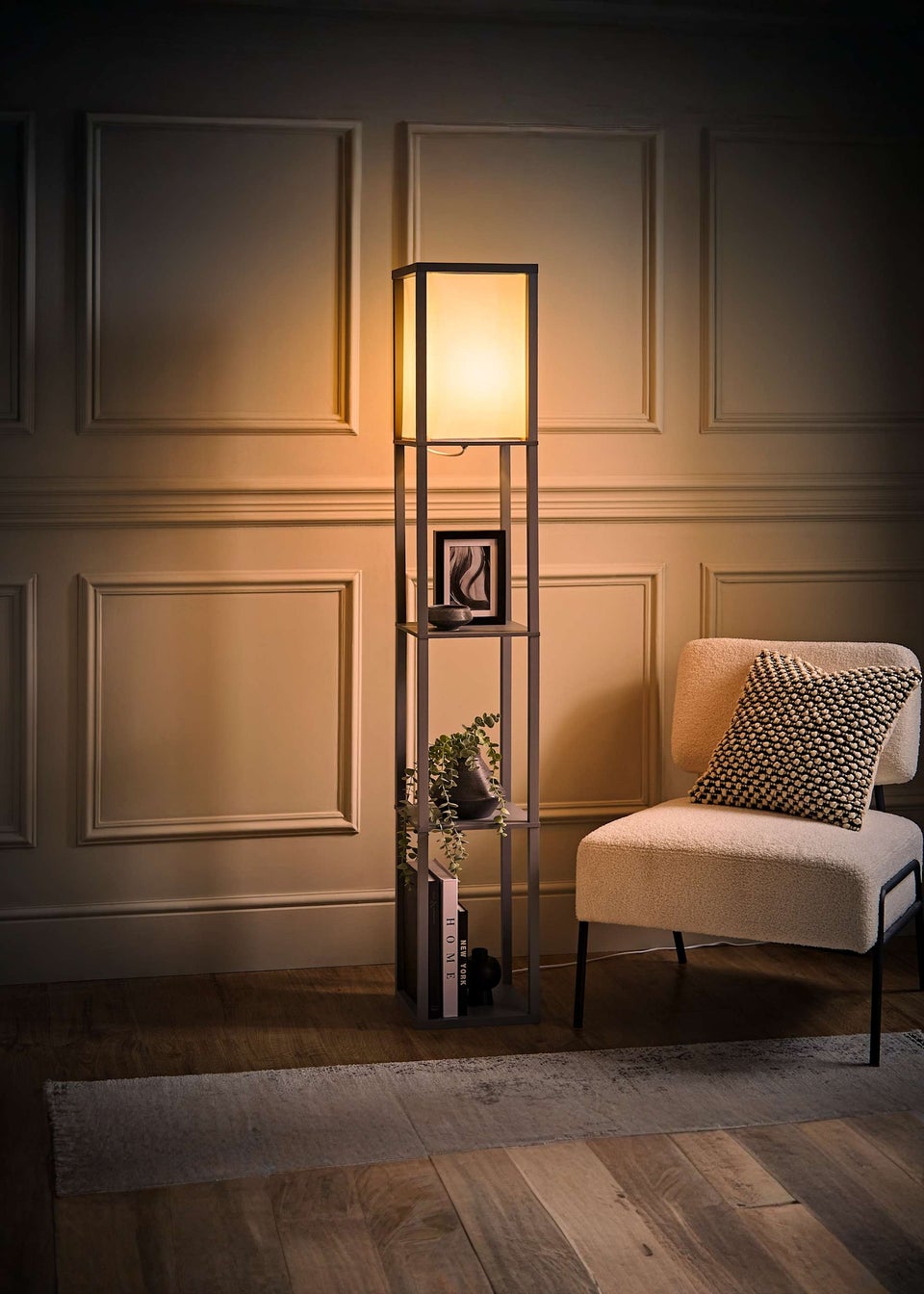 ValueLights Struttura Grey Wooden Shelves Floor Lamp