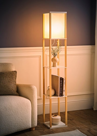 ValueLights Struttura Oak Wooden Shelves Floor Lamp