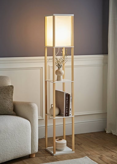 ValueLights Struttura Oak Wooden Shelves Floor Lamp
