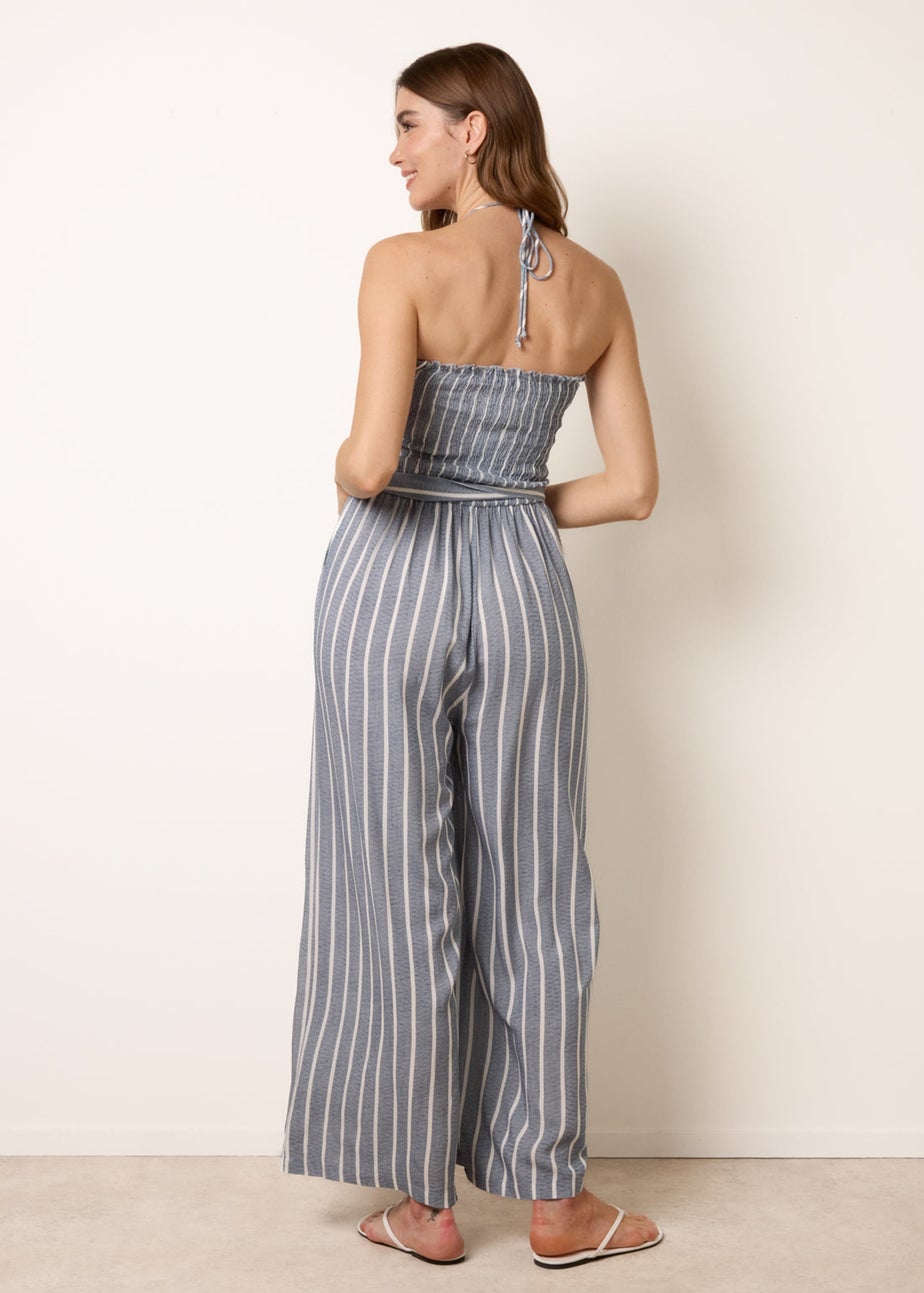 Blue Vanilla Blue Bardot Tie Neck Pinstripe Jumpsuit