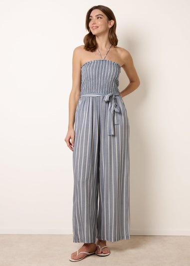 Blue Vanilla Blue Bardot Tie Neck Pinstripe Jumpsuit