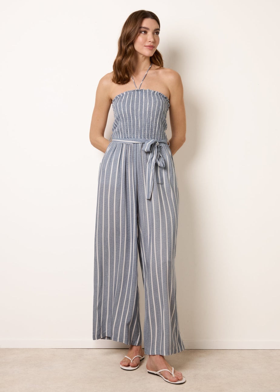 Blue Vanilla Blue Bardot Tie Neck Pinstripe Jumpsuit