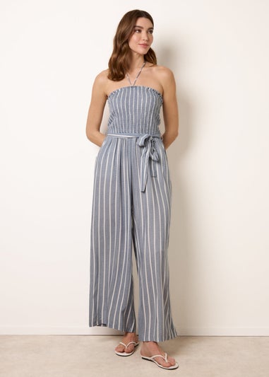 Blue Vanilla Blue Bardot Tie Neck Pinstripe Jumpsuit