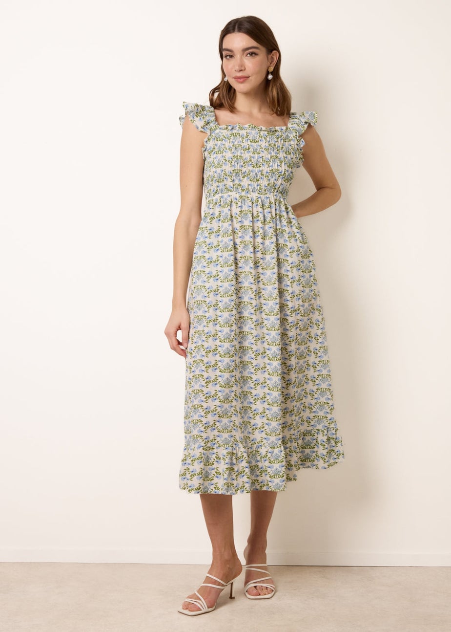 Blue Vanilla Blue Floral & Frill Shirred Bodice Midi Dress