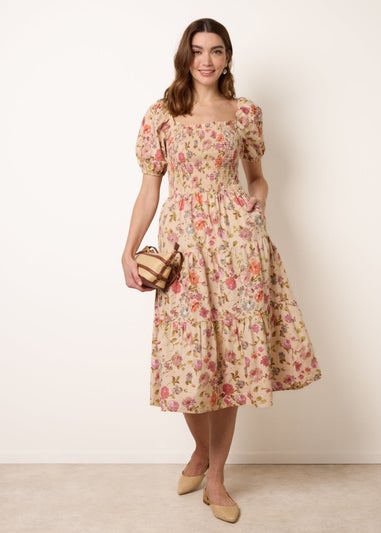 Blue Vanilla Multi Floral Puff Sleeve Shirred Midi Dress