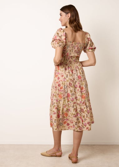 Blue Vanilla Multi Floral Puff Sleeve Shirred Midi Dress