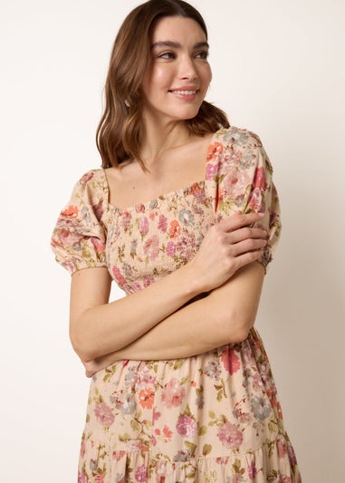 Blue Vanilla Multi Floral Puff Sleeve Shirred Midi Dress