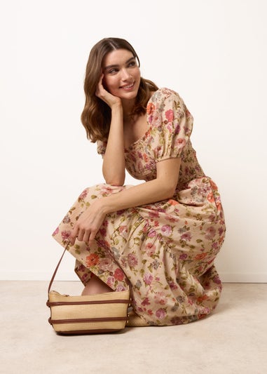 Blue Vanilla Multi Floral Puff Sleeve Shirred Midi Dress