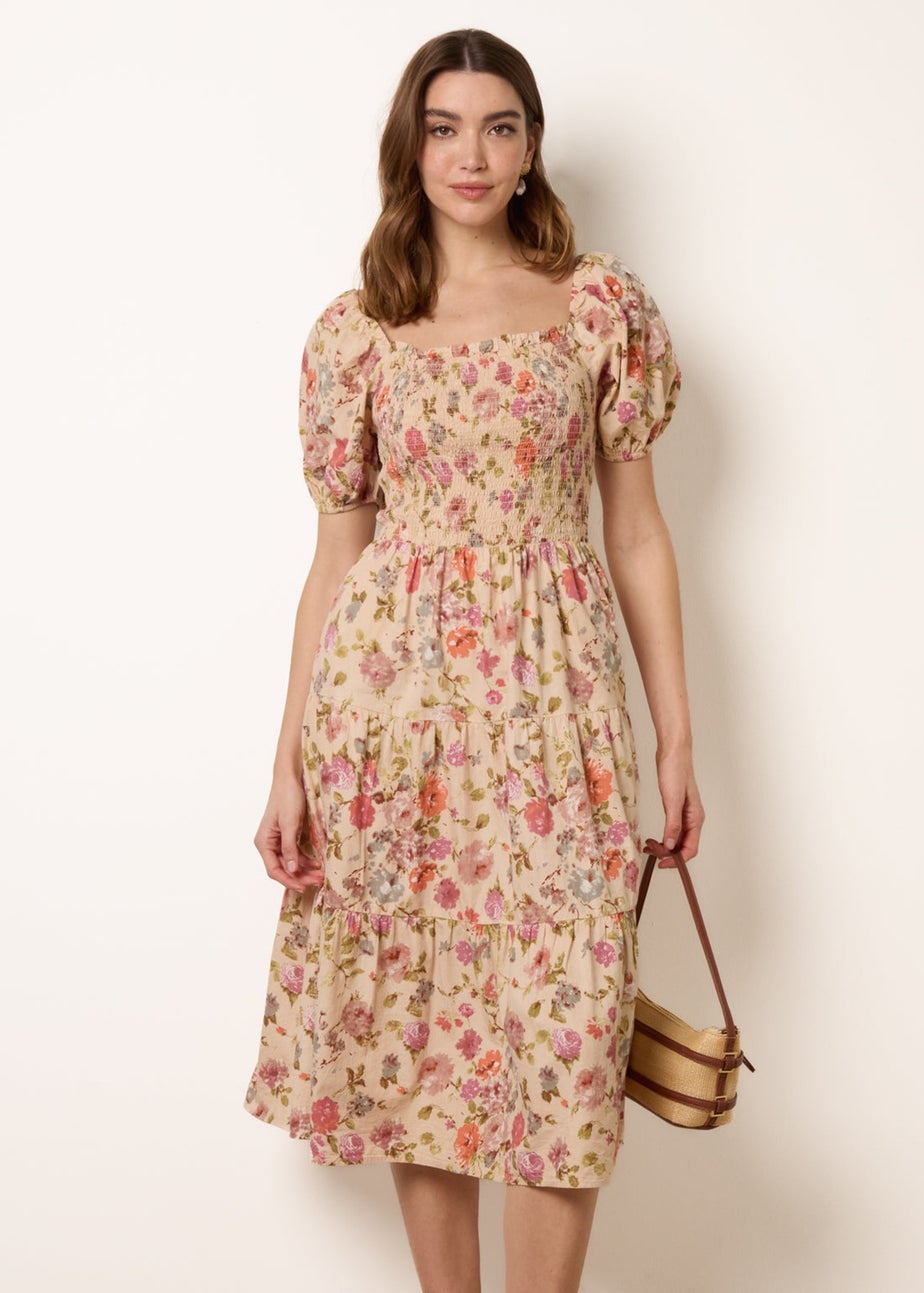 Blue Vanilla Multi Floral Puff Sleeve Shirred Midi Dress