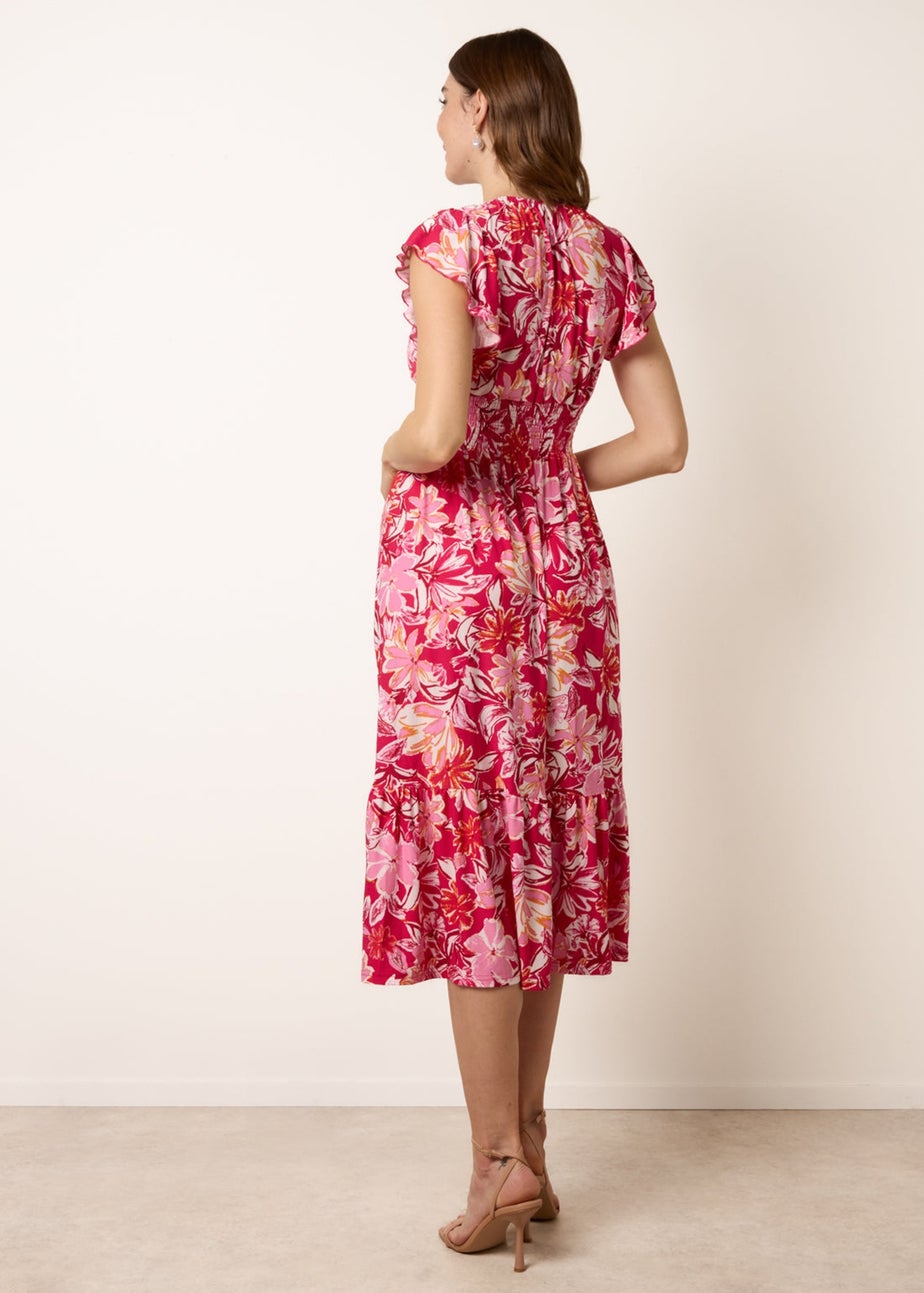 Blue Vanilla Pink Tropical Print Flutter Sleeve Midi Dress