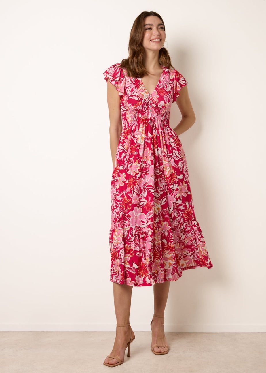 Blue Vanilla Pink Tropical Print Flutter Sleeve Midi Dress