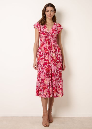 Blue Vanilla Pink Tropical Print Flutter Sleeve Midi Dress