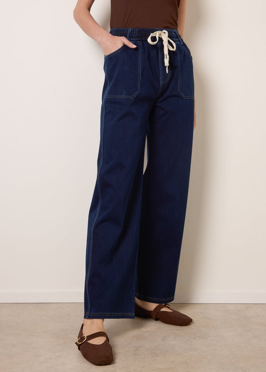 Blue Vanilla Navy Contrast Drawstring Waist Wide Leg Trousers