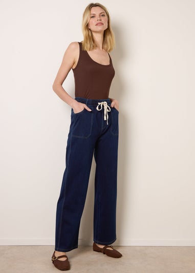 Blue Vanilla Navy Contrast Drawstring Waist Wide Leg Trousers