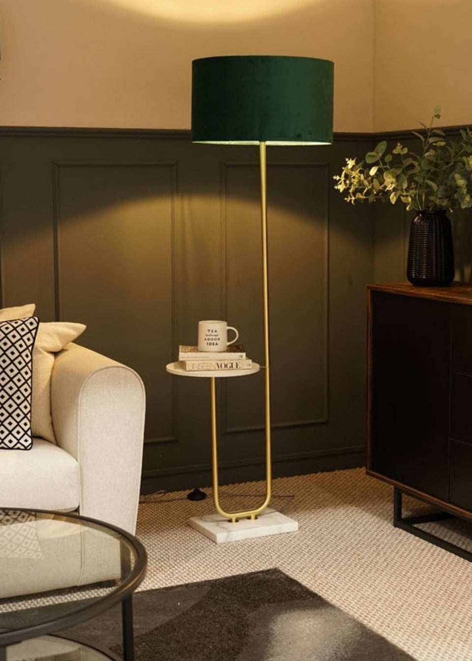 ValueLights Tavel Brushed Gold Floor Lamp with Green Velvet Shade