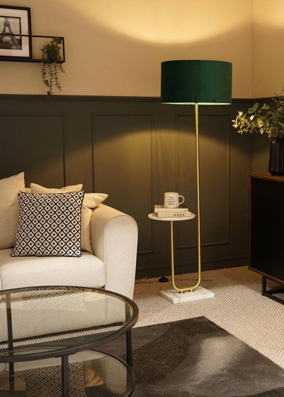 ValueLights Tavel Brushed Gold Floor Lamp with Green Velvet Shade