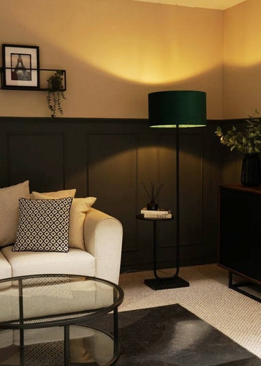 ValueLights Tavel Brushed Matt Black Floor Lamp with Green Velvet Shade