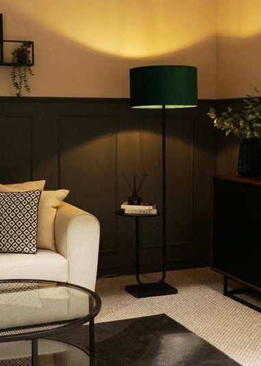 ValueLights Tavel Brushed Matt Black Floor Lamp with Green Velvet Shade