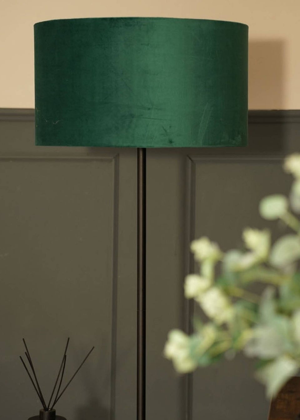 ValueLights Tavel Brushed Matt Black Floor Lamp with Green Velvet Shade