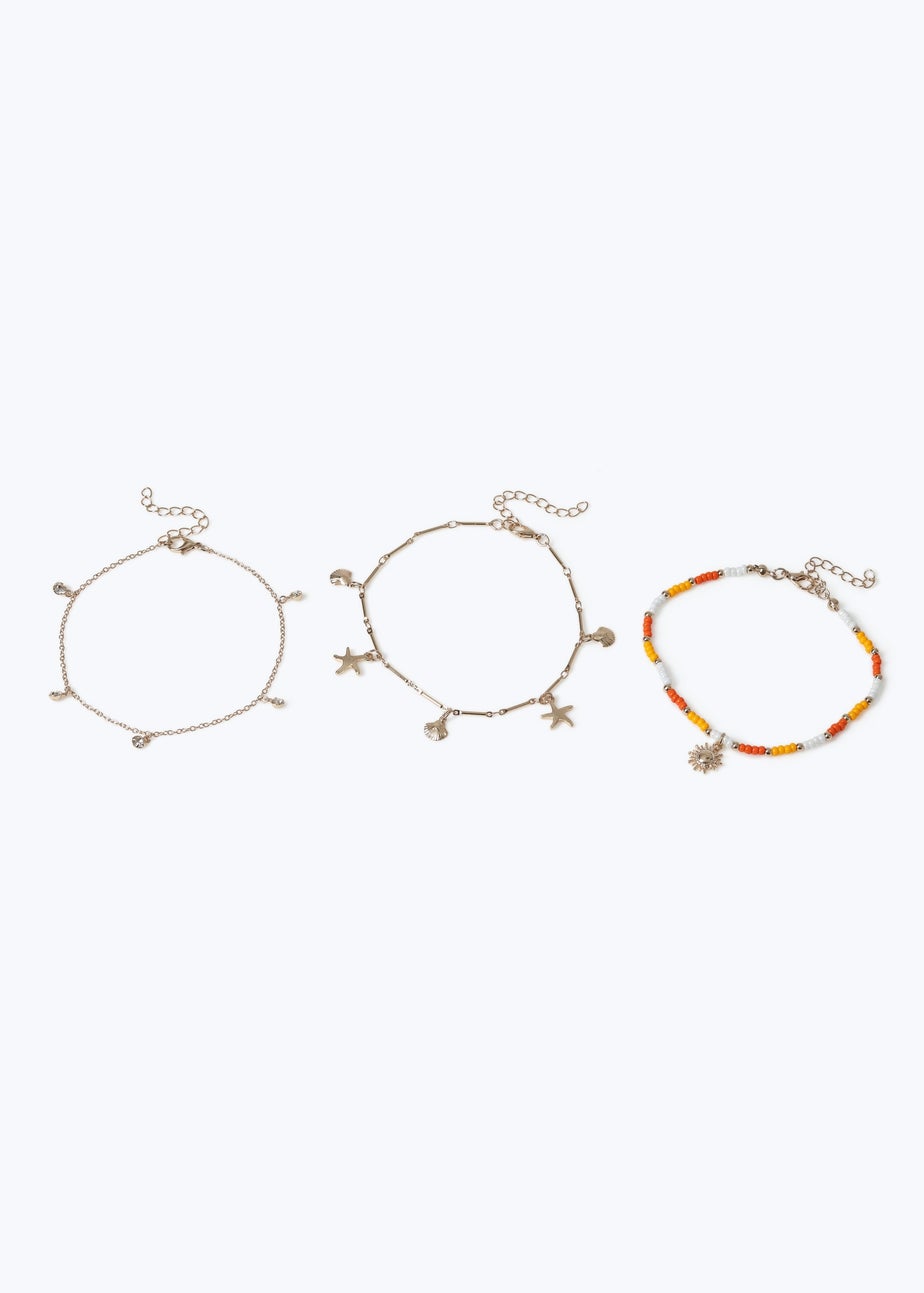 Muse 3 Pack Gold & Orange Charm Anklets