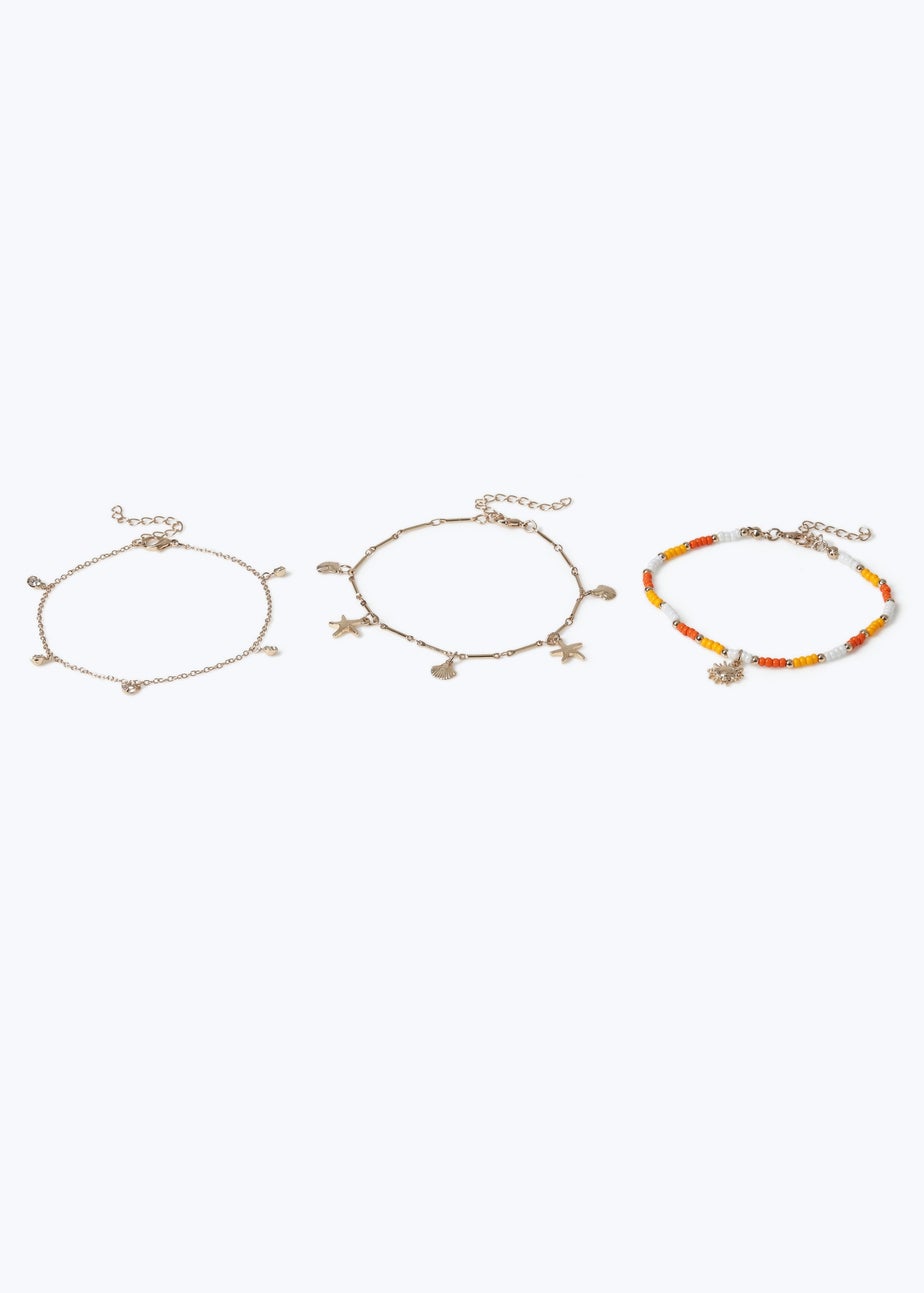 Muse 3 Pack Gold & Orange Charm Anklets