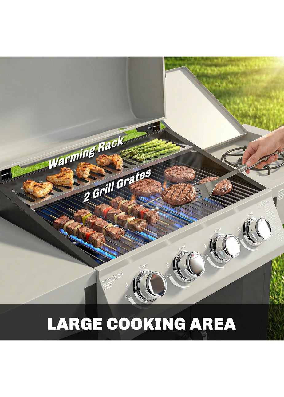 Outsunny Silver Gas BBQ Grill with Side Burner 4+1 burner