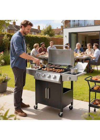 Outsunny Silver Gas BBQ Grill with Side Burner 4+1 burner